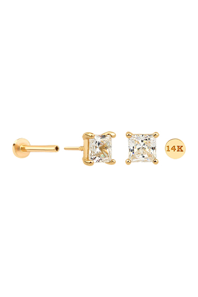 Cubic Zirconia Flat Back Threaded Earrings 14K Gold Princess Cut
