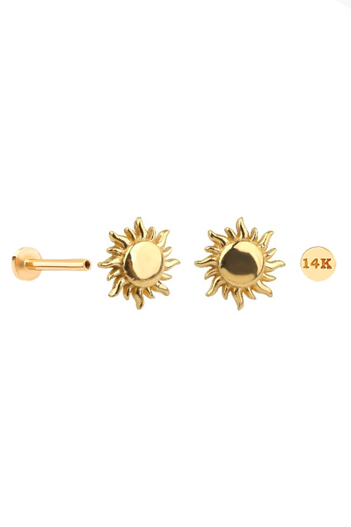 14k Solid Gold Cartilage Sun Internally Internal Threaded Flat Back La ...