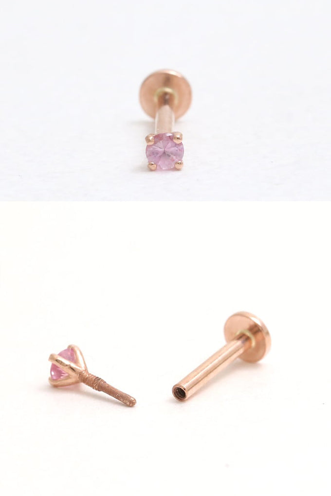 Genuine Pink Sapphire Prongs 14K Solid Gold Ear Tragus, Cartilage, Conch,  Helix, Lobe Internally Threaded Flat Back Labret Earring